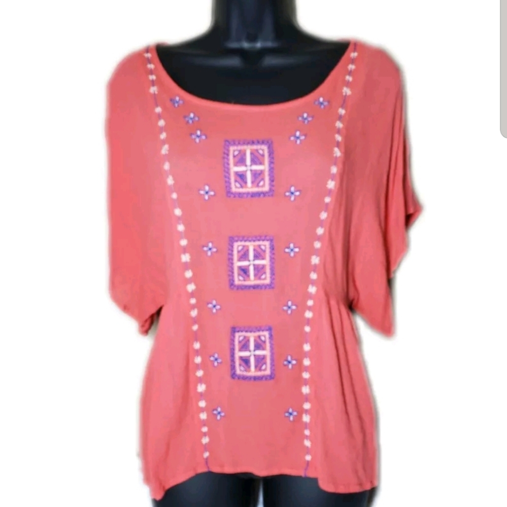 Coral Embroidered Short Sleeve Blouse